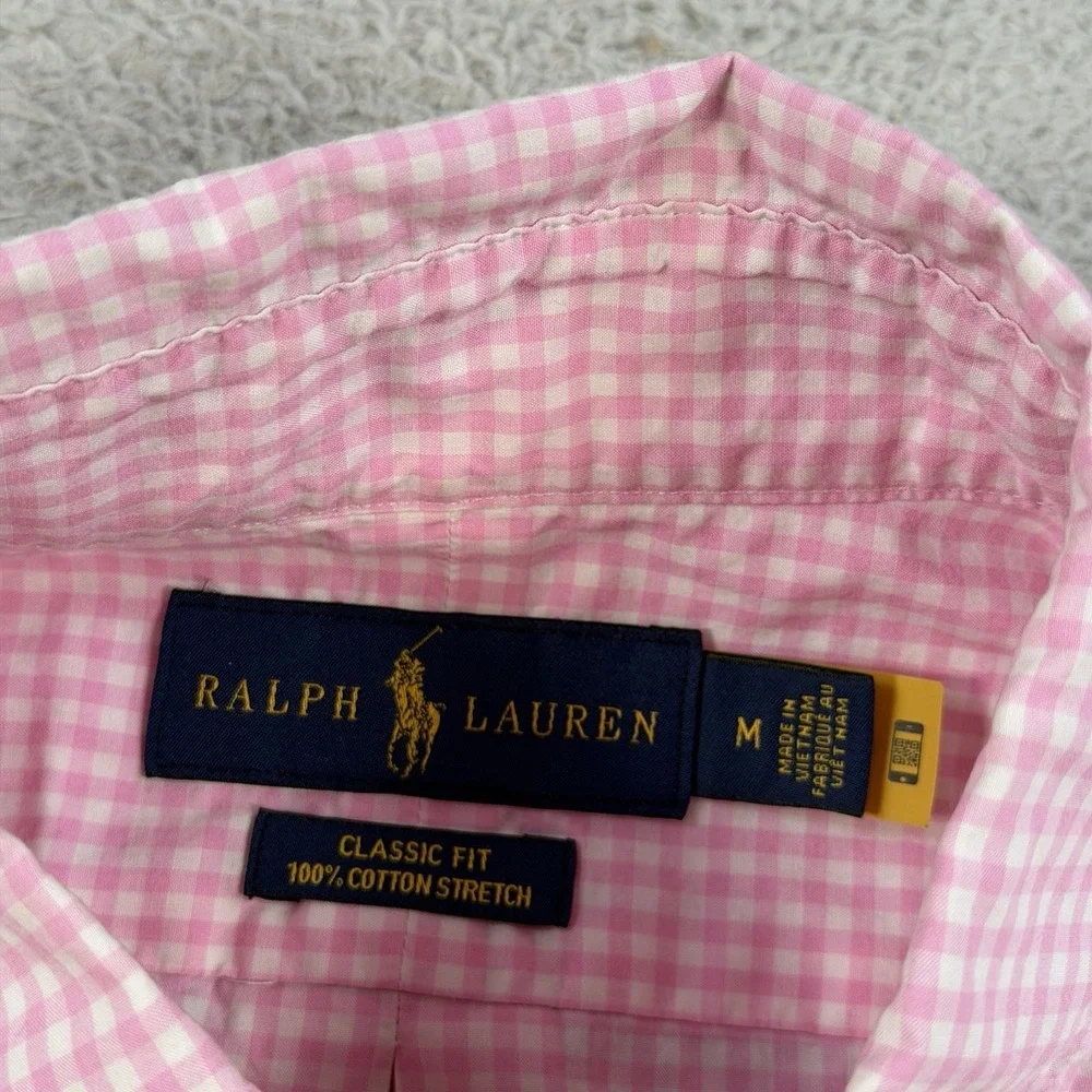 Polo Ralph Lauren Shirt Mens Medium Pink Gingham Classic Fit Cotton Stretch Pony